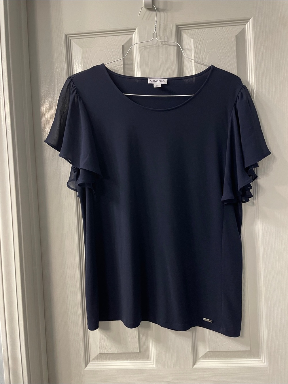 Calvin Klein Navy Ruffled Sleeve Blouse
